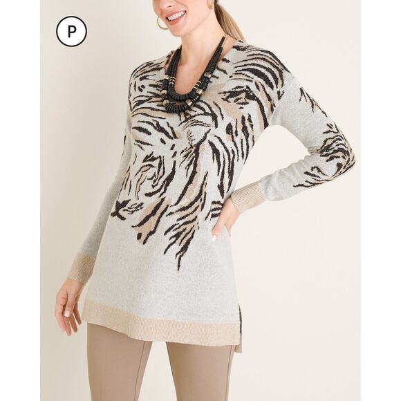 Chico's 3 US XL Tiger Animal Print Face V neck Tan Pullover Tunic Sweater NEW - Picture 2 of 7